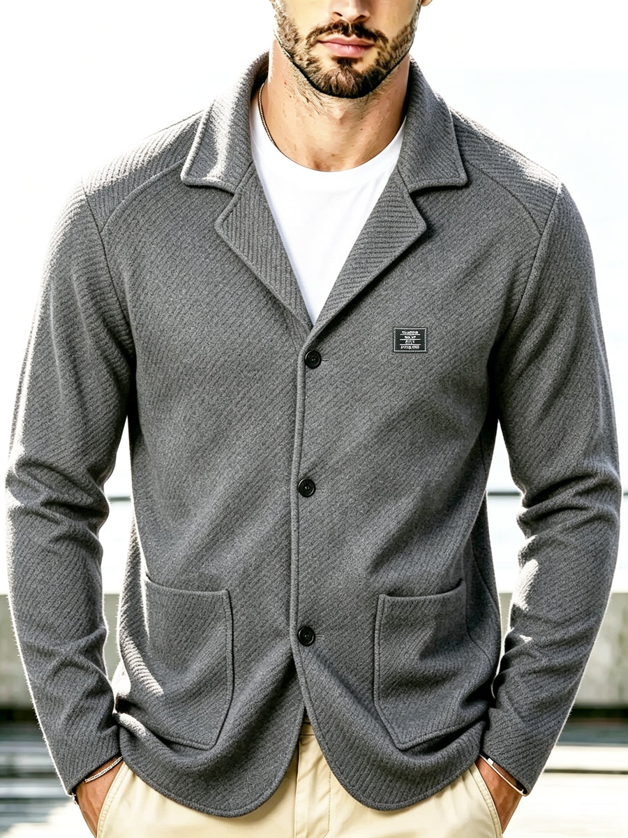 Men's New Spring, Autumn, and Winter Collection: Twill Textured Fabric Single-Breasted Notched Lapel Cardigan with Double Pockets, a Versatile Long-Sleeve Business Casual Outerwear. Soft, Comfortable, and Stylish Knitted Solid-Color Jacket - Grey
