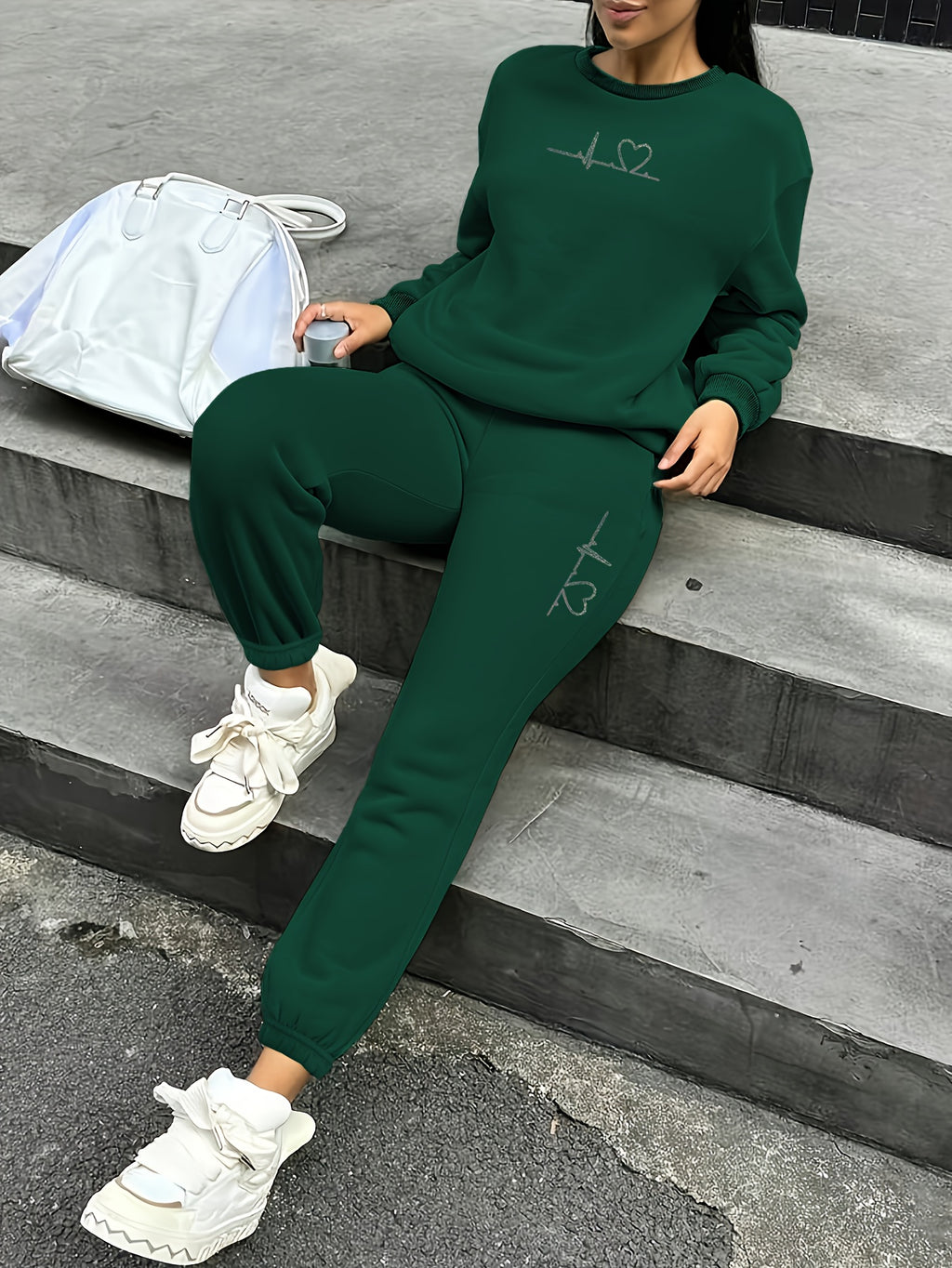 Women's 2pcs Fleece Sweatsuit - ECG Heart Print Warm Winter Tracksuit, Soft Polyester Matching Outfit with Pockets, Machine Washable & Outdoor Sweatsuits (Multiple Colors) for Fall/Winter, 2pcs set - Dark Green