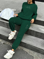 Women's 2pcs Fleece Sweatsuit - ECG Heart Print Warm Winter Tracksuit, Soft Polyester Matching Outfit with Pockets, Machine Washable & Outdoor Sweatsuits (Multiple Colors) for Fall/Winter, 2pcs set - Dark Green