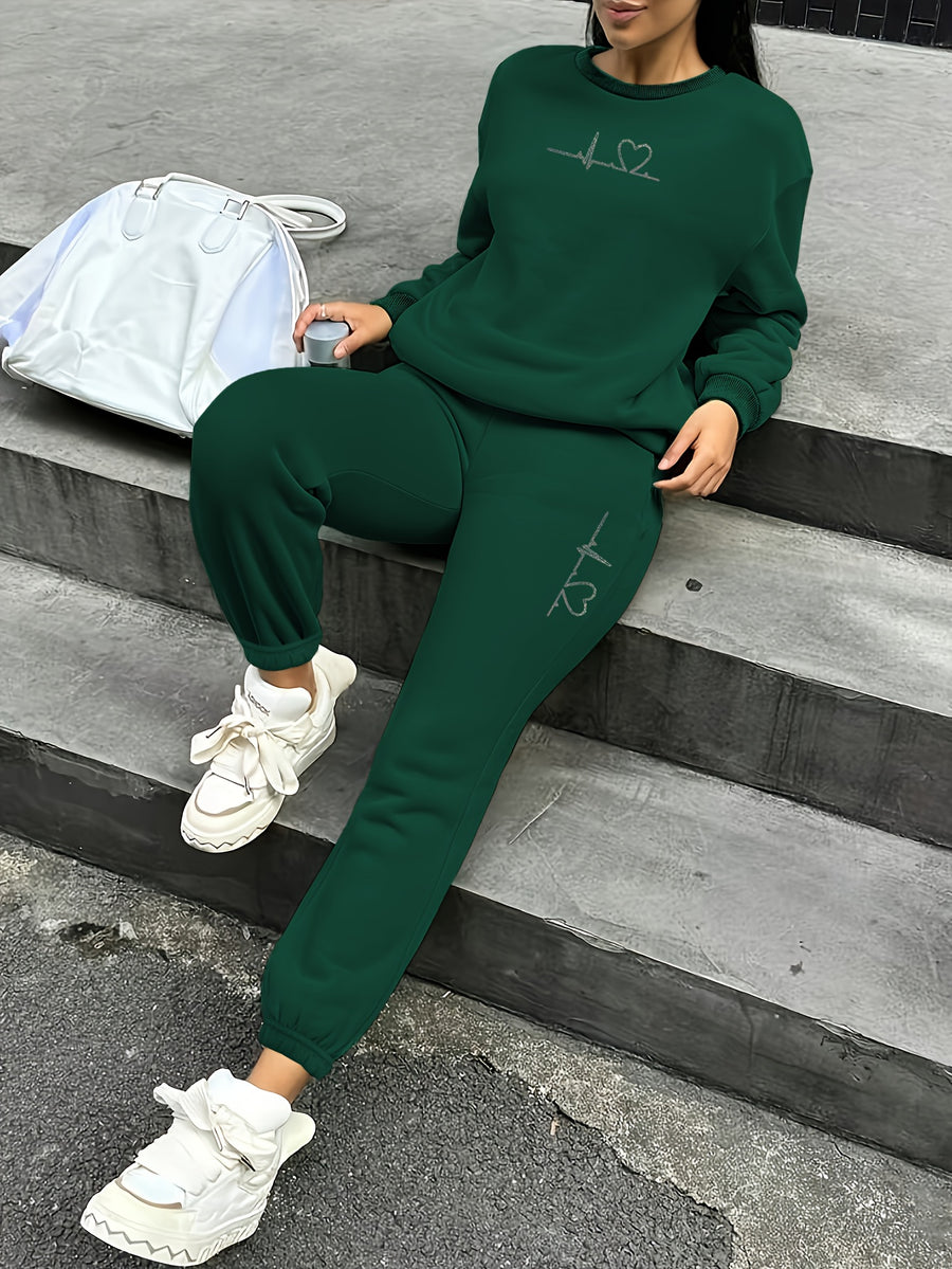 Women's 2pcs Fleece Sweatsuit - ECG Heart Print Warm Winter Tracksuit, Soft Polyester Matching Outfit with Pockets, Machine Washable & Outdoor Sweatsuits (Multiple Colors) for Fall/Winter, 2pcs set - Dark Green