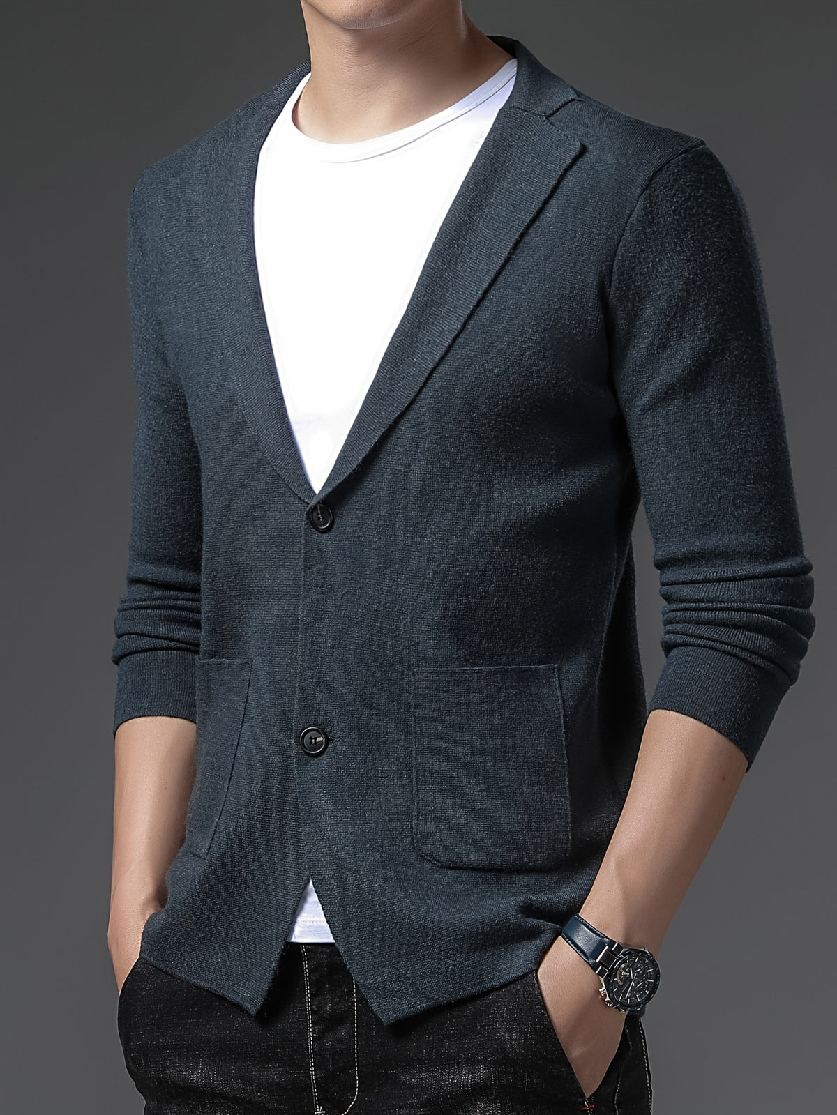 [Starry Prosperity] Men'S Solid Color Cardigan Long Sleeve Casual Knit Blazer for Fall/Winter - Green