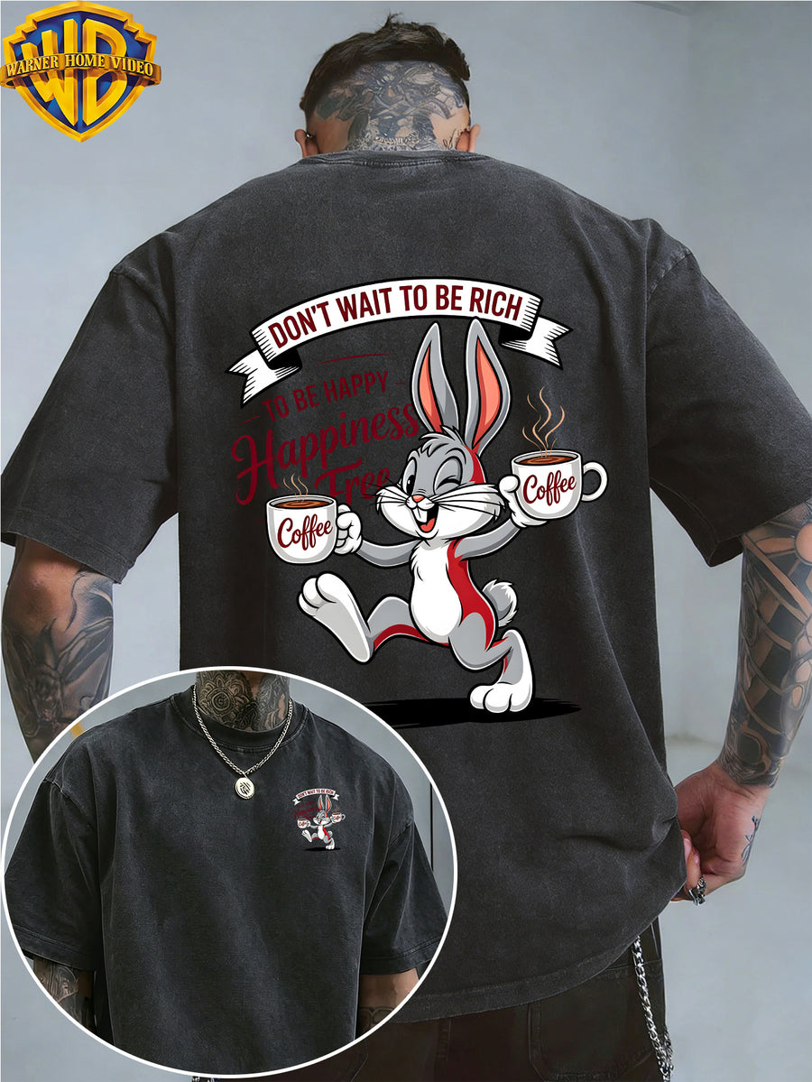 Warner Bros. Officially Authorizes Joyful Cartoon Rabbit Handheld Two Cups of Coffee Printed Retro Washed Outdated Short Sleeve T-Shirt for Men And Women, Machine Washable Daily Commuter Outdoor Sports And Leisure Top - Black