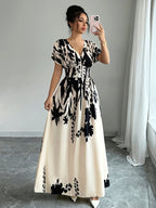 2026 New Summer Black And White Ink Print V-Neck Waist-Cinching Long Dress | Short-Sleeve Elegant Dress Suitable for Upscale Commuting And Dating Outfits - Khaki