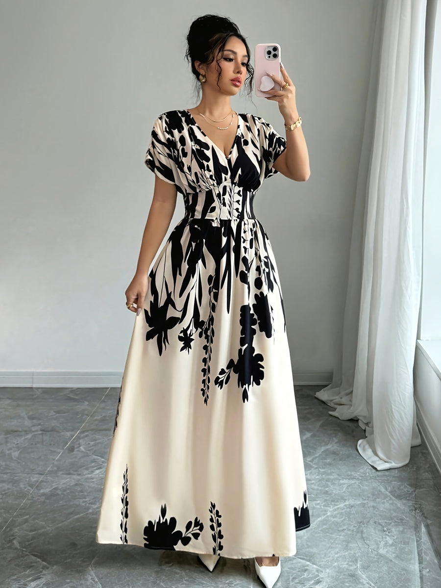 2026 New Summer Black And White Ink Print V-Neck Waist-Cinching Long Dress | Short-Sleeve Elegant Dress Suitable for Upscale Commuting And Dating Outfits - Khaki
