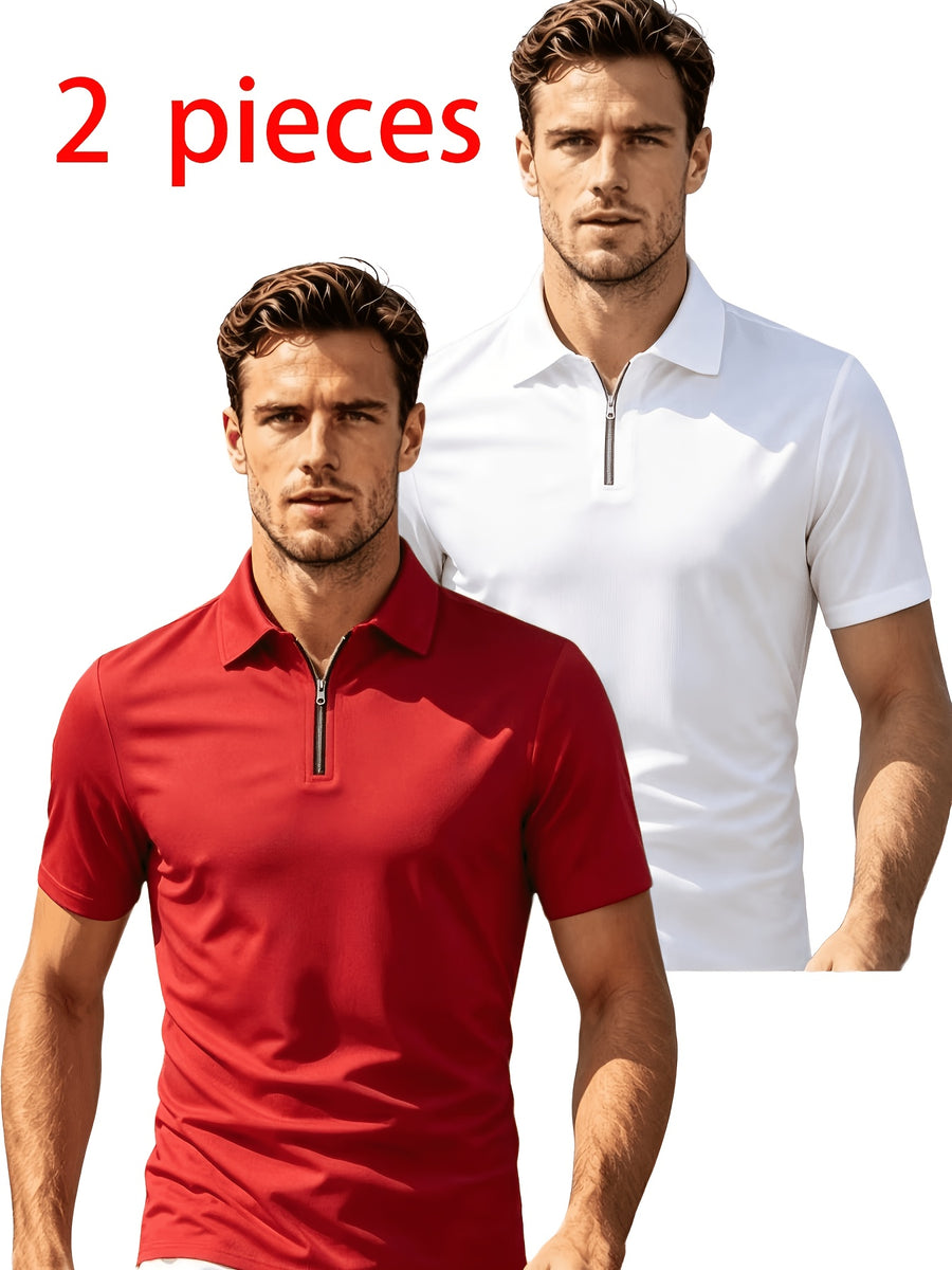 2pcs Men'S Short Sleeve Casual Athletic Polo Shirt Set, Zipper Collar, Comfortable And Breathable, Original Design - Red And White
