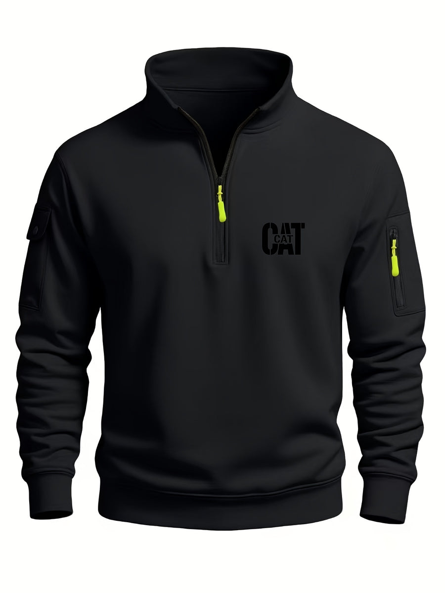 Spring and Autumn Men's Half-Zip Sweatshirt with Print, Loose Fit, Stand-Up Collar, Casual Sport Pullover - Black 2