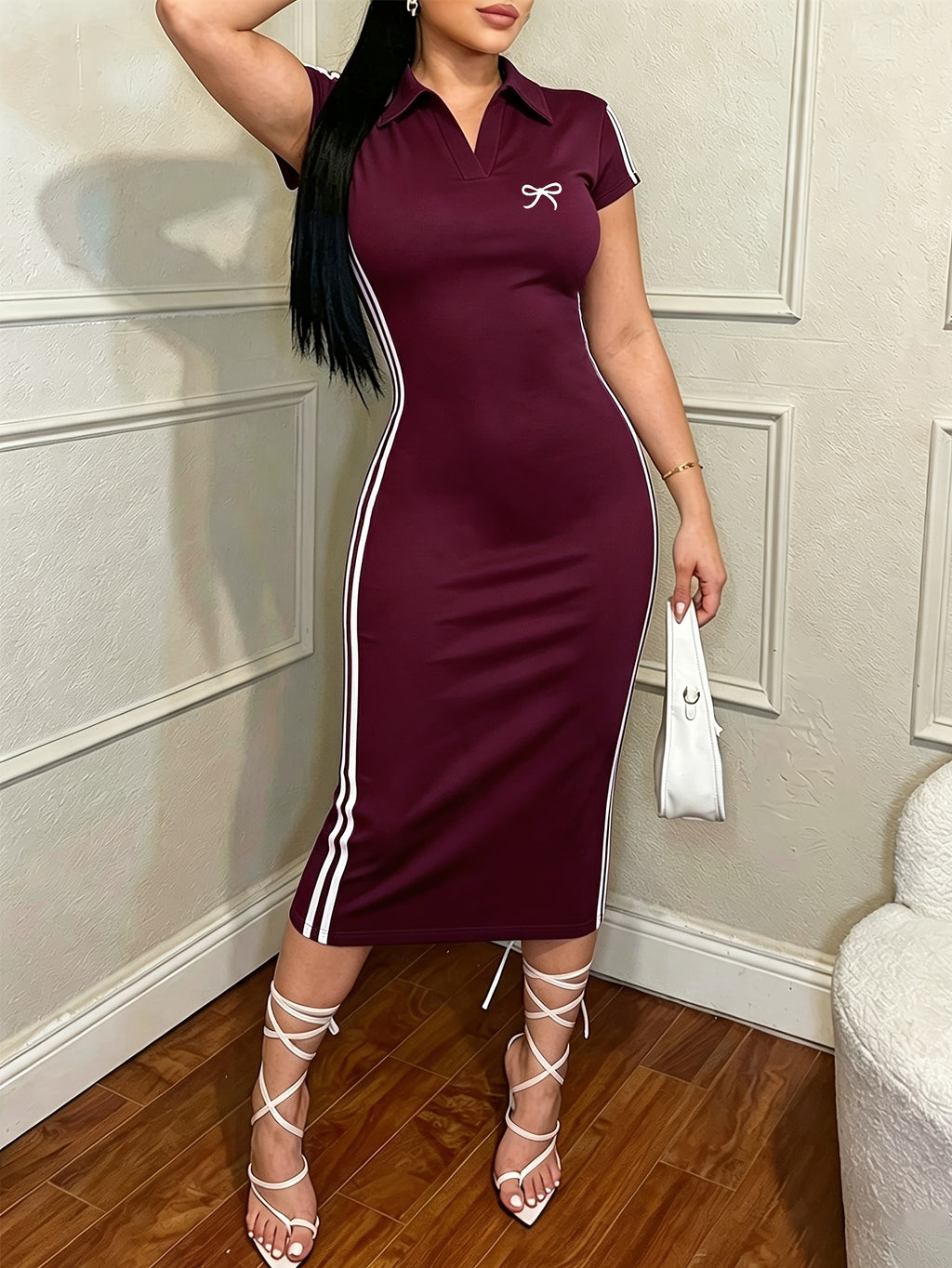 Women's Designer Bow Print Side Stripe Polo Collar Dress, Slim Fit Bodycon Long Dress, Elegant Dress, Casual Y Style, Versatile for Commuting, Women's Summer Dress - Burgundy