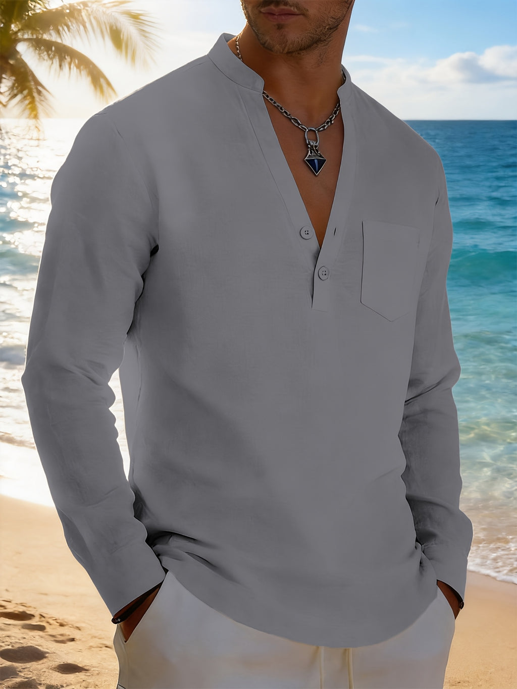Men's Solid Color Henley Long Sleeve Shirt, Lightweight Breathable Casual Button Up Tops for Summer - Dark Gray
