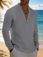 Men's Solid Color Henley Long Sleeve Shirt, Lightweight Breathable Casual Button Up Tops for Summer - Dark Gray