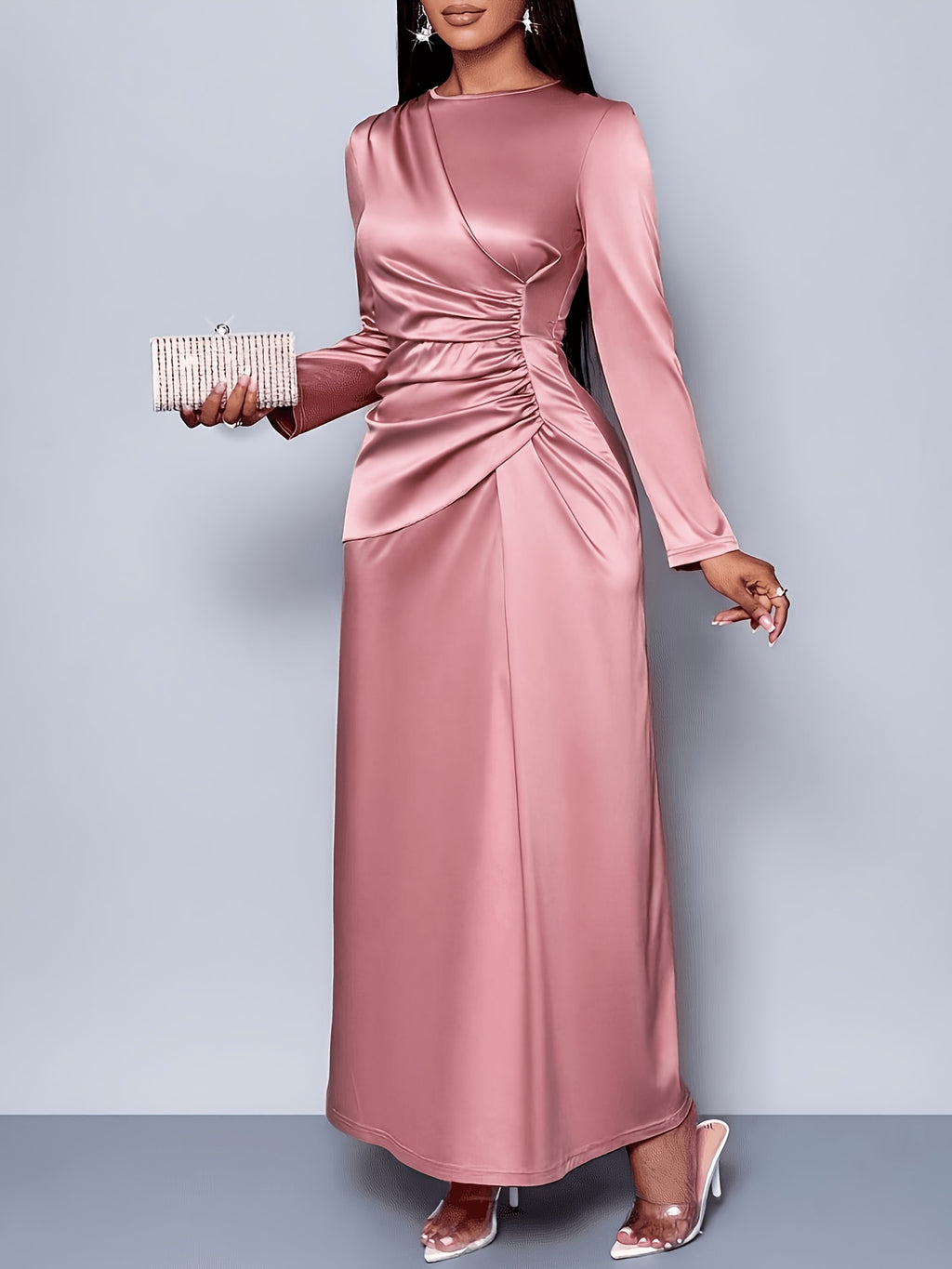 Women'S Elegant Solid Color Ruched Side Satin Bodycon Dress Suitable for Dating Party Maxi Women Outfit - Pink