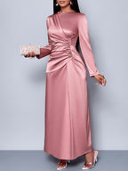 Women'S Elegant Solid Color Ruched Side Satin Bodycon Dress Suitable for Dating Party Maxi Women Outfit - Pink