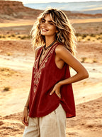 V-Neck Paisley Floral Embroidered Fashion Vacation All-Match Women'S Vest ZCDX - Brick Red