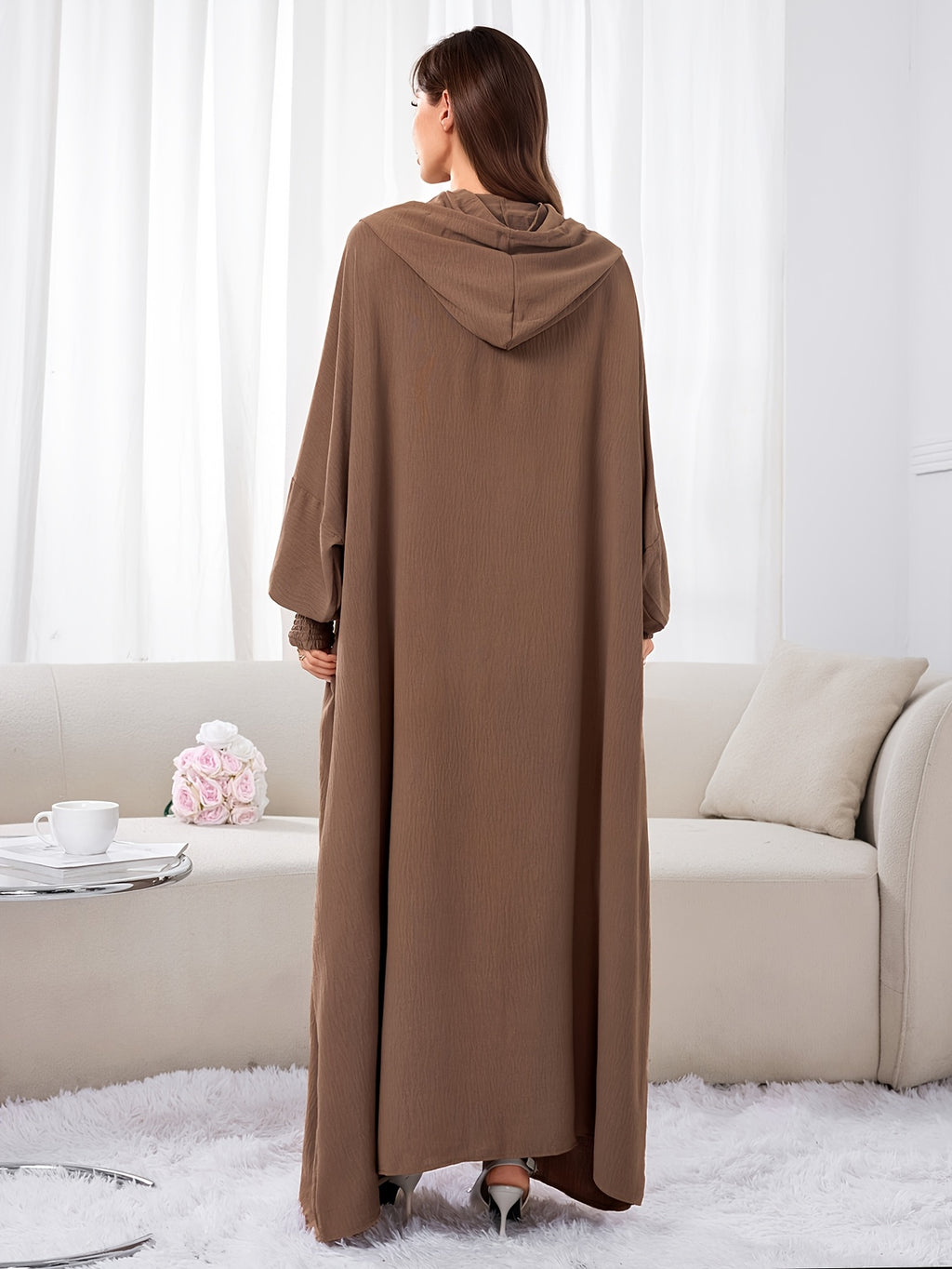 Plus Size - 1pc Ice Wrinkled Fabric Solid Color Loose Hooded Headscarf Women'S Fashion Abaya Suitable for Spring Summer Autumn Daily Wear Robe Foulard Femme Abaya Femme Foulard Abaya Femme - Khaki