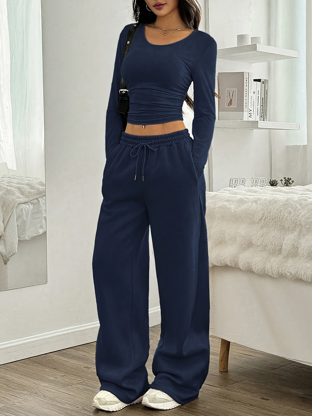 2pcs Women's Casual Solid Color Ruched Round Neck Crop T-Shirt and Wide Leg Drawstring Waist Pants Set - Blue Navy