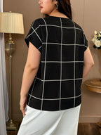 Large Plaid V-Neck Batwing Sleeve Short-Sleeved Chiffon Shirt, Minimalist Commuter Style Shirt, Versatile Temperament Top, Minimalist Commuter Style, French Relaxed Style - Black Grid