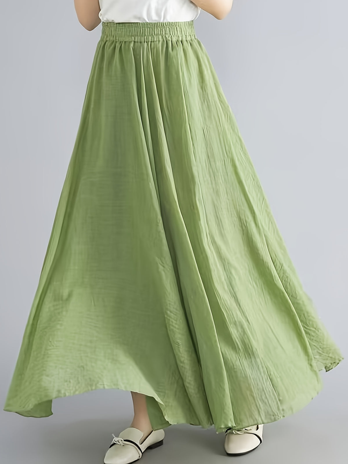 Solid Color Ethnic Style Literary Double-Layer Non-See-Through Midi Skirt for Women, Spring Summer Autumn Zen Style Long Dress with Wide Hem, High Waist Flowy - Fruit Green