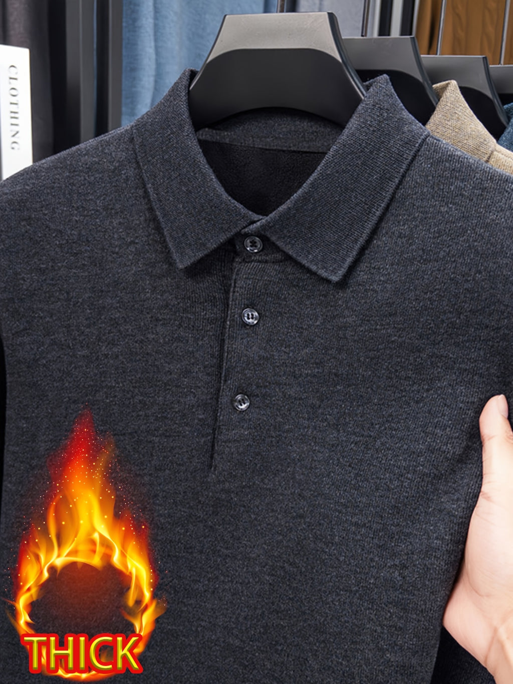 Men's -lined Lapel Polo Knit Sweater, with Plush Inner Lining, for Autumn and Winter Cold Protection. Suitable for Wearing Alone in Late Autumn and Early Winter, or as a Base Layer in Winter. Keeps You Warm Without Adding Bulk - Dark Grey