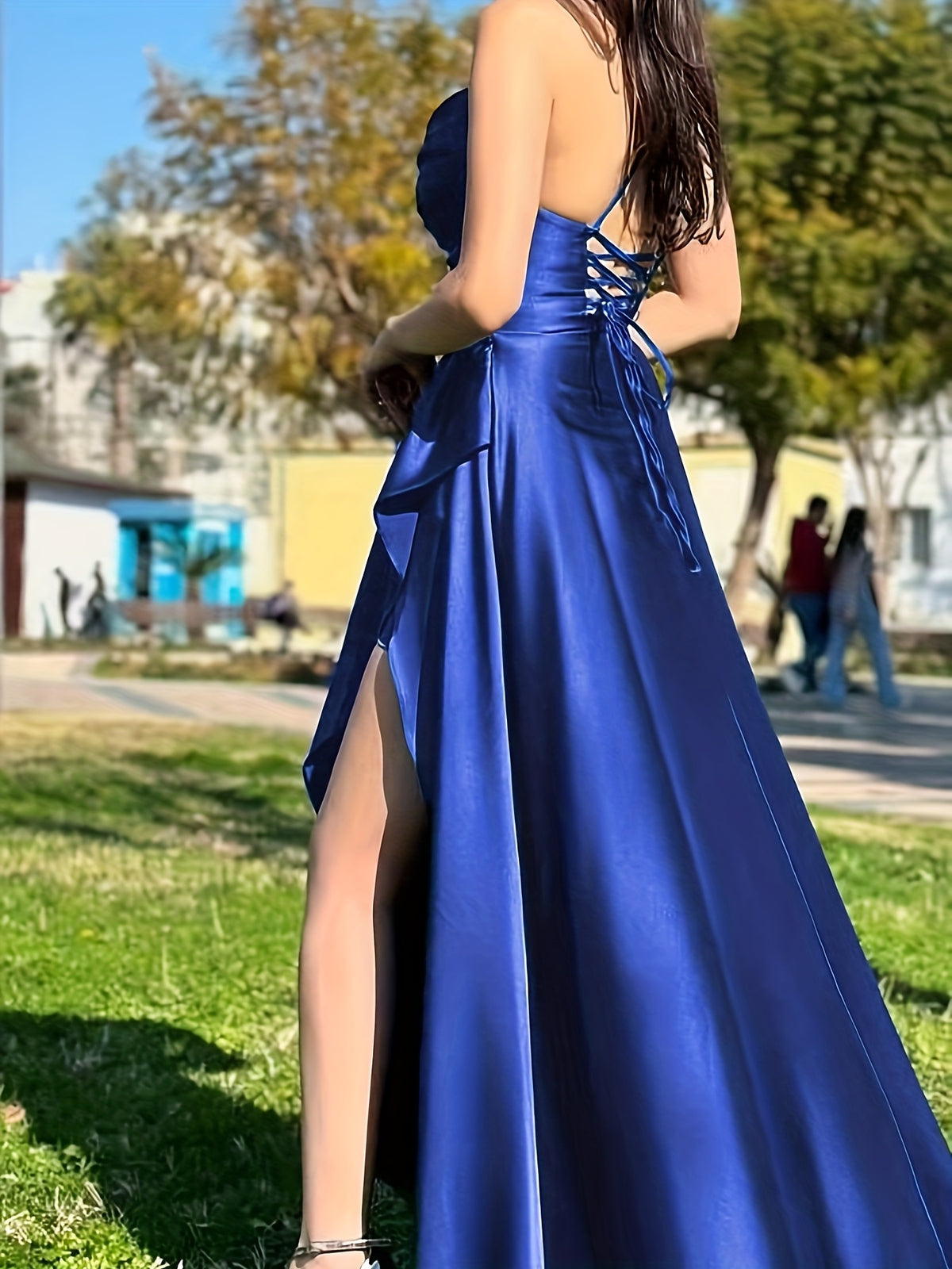 Elegant Women's Green Satin Spaghetti Strap Wrap Neckline Ruffle Hem Back Tie Slit Dress for Banquets, Parties, Weddings, and Bridesmaid Attire - Royal Blue