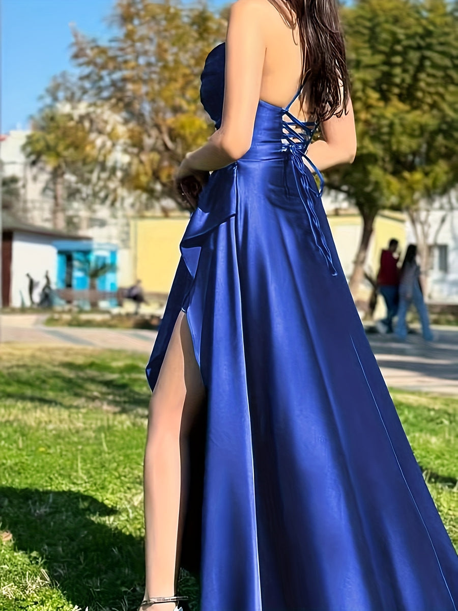 Elegant Women's Green Satin Spaghetti Strap Wrap Neckline Ruffle Hem Back Tie Slit Dress for Banquets, Parties, Weddings, and Bridesmaid Attire - Royal Blue