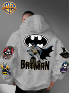 DC Batman Joker IP Official Hooded Sweatshirt with Gotham Crouching Batman on the Back + Bat Logo Themed Print, Drawstring Loose Hoodie, Wear-Resistant and Wash-Resistant Autumn/Winter Trendy Top - Light Grey
