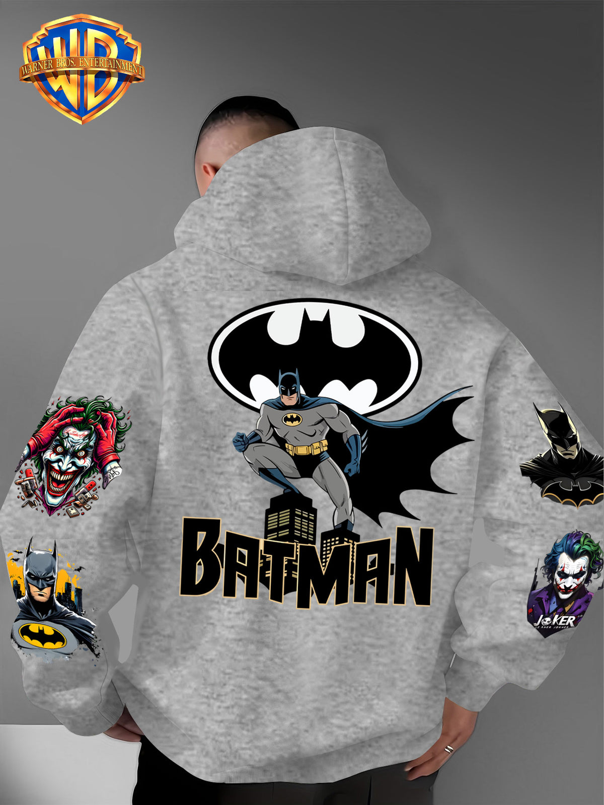 DC Batman Joker IP Official Hooded Sweatshirt with Gotham Crouching Batman on the Back + Bat Logo Themed Print, Drawstring Loose Hoodie, Wear-Resistant and Wash-Resistant Autumn/Winter Trendy Top - Light Grey