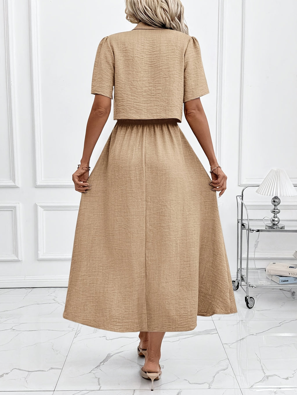Women's New Elegant Shirt and Slip Dress 2pcs Set, Suitable for Commuting and Various Occasions, Vacation Wear - Khaki