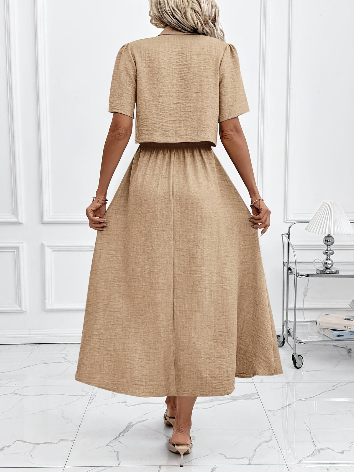 Women's New Elegant Shirt and Slip Dress 2pcs Set, Suitable for Commuting and Various Occasions, Vacation Wear - Khaki