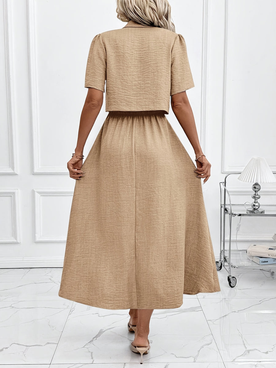 Women's New Elegant Shirt and Slip Dress 2pcs Set, Suitable for Commuting and Various Occasions, Vacation Wear - Khaki