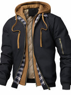Men's Solid Color Hooded Air Force One Jacket - Loose Fit Zippered Coat with Full-Length Zipper Front, Full-Liner for Spring/Autumn/Winter, Casual Outerwear (No Belt Required) - Black