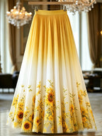 Women'S Printed Mid-Length A-Line Skirt with Layered Tulle Skirt, Suitable for Formal And Semi-Formal Evening Banquets, Wedding Guest Party Dresses, Wearable in All Seasons - Yellow
