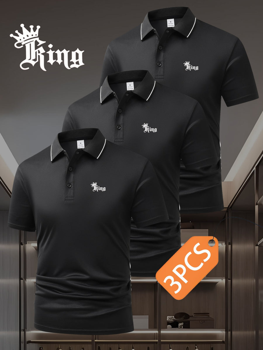 3pcs Set S20.32-2400.3 cmKING" Letter Logo New Men's Fashion Color-Block Quick-Dry Polo Shirt, Regular Fit Button Print, Golf Tennis Training Casual Sports Top - Black