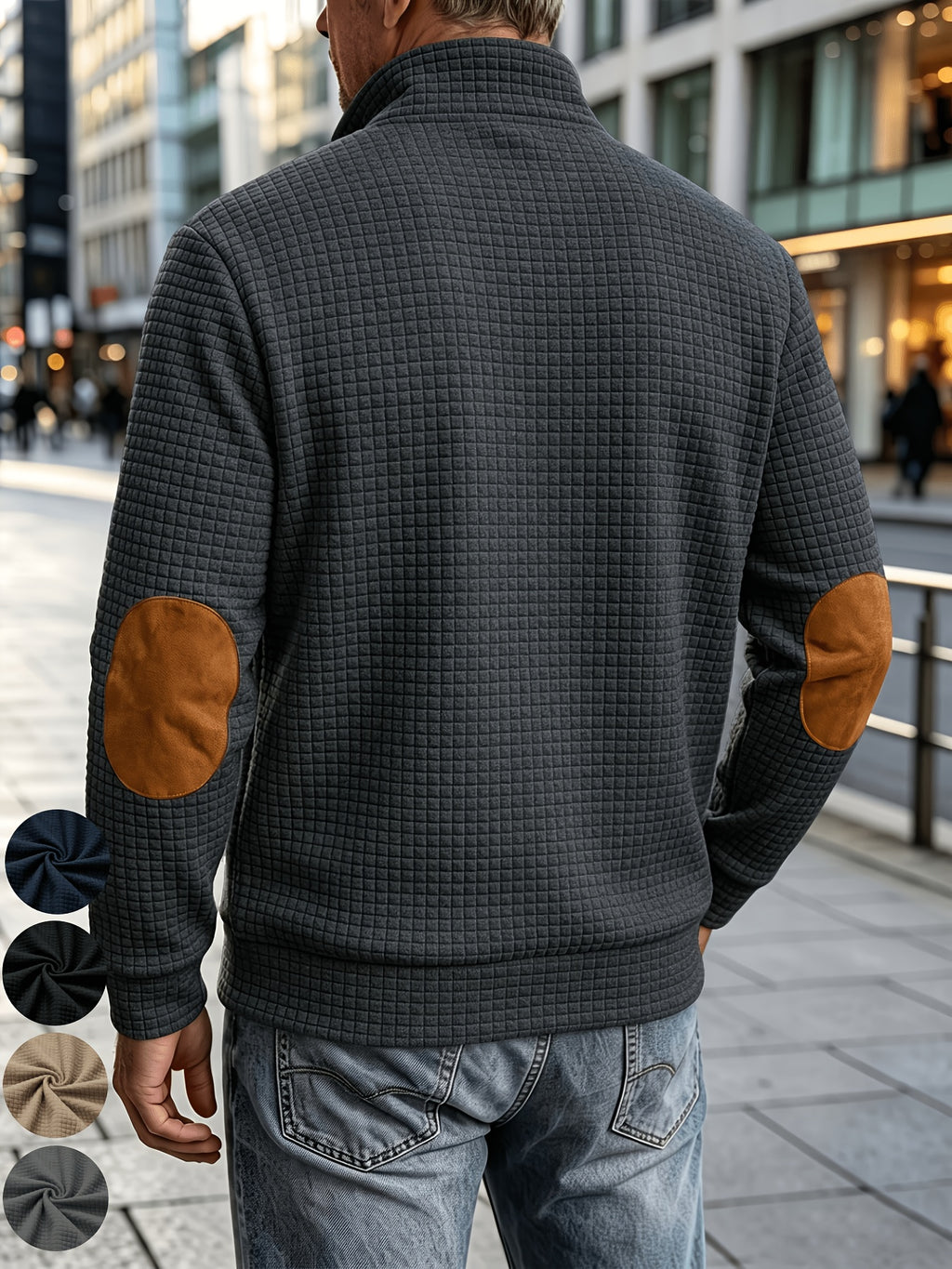 [Pearson OBM] Men'S Autumn Winter Sports Short Collar Jacket, Classic Print Design, Zippered Pockets Fashionable Small Plaid Textured Fabric, Elbow Classic Color-Block Casual Coat, Spring Autumn Versatile Zippered Cardigan Top, Suitable for Gifting - pa gray