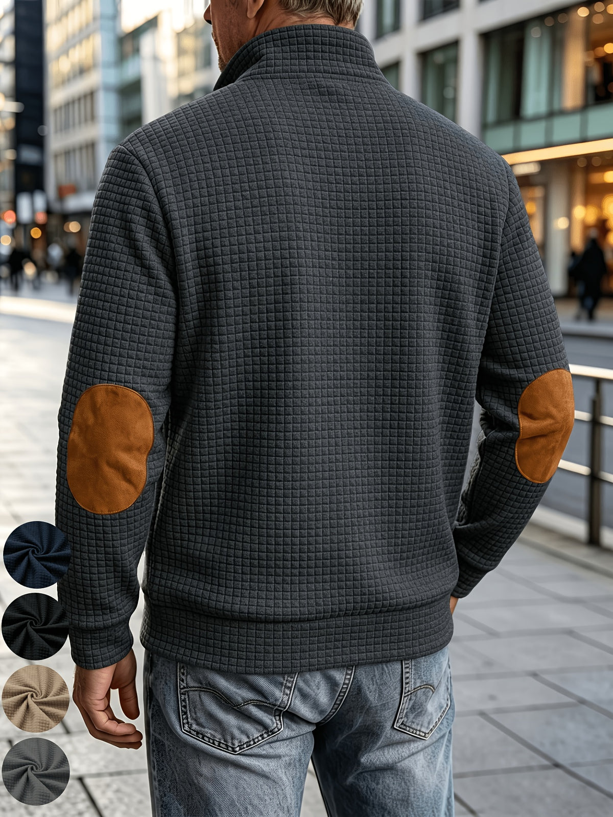 [Pearson OBM] Men'S Autumn Winter Sports Short Collar Jacket, Classic Print Design, Zippered Pockets Fashionable Small Plaid Textured Fabric, Elbow Classic Color-Block Casual Coat, Spring Autumn Versatile Zippered Cardigan Top, Suitable for Gifting - pa gray