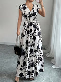 Ladies' V-Neck Floral Print Casual Long Dress | Perfect for Spring/Fall, Shirred Detail, A-Line Pendulum Style - Black
