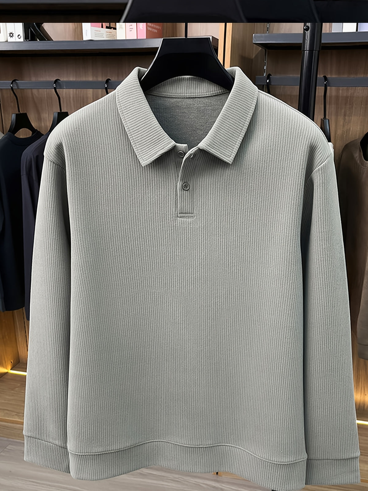 Men's Autumn/Winter Thick Long-Sleeve Polo Shirt, Lapel Collar, Two-Button Placket, Understated and Premium, Suitable for All Ages - SINBOS - Gray Green