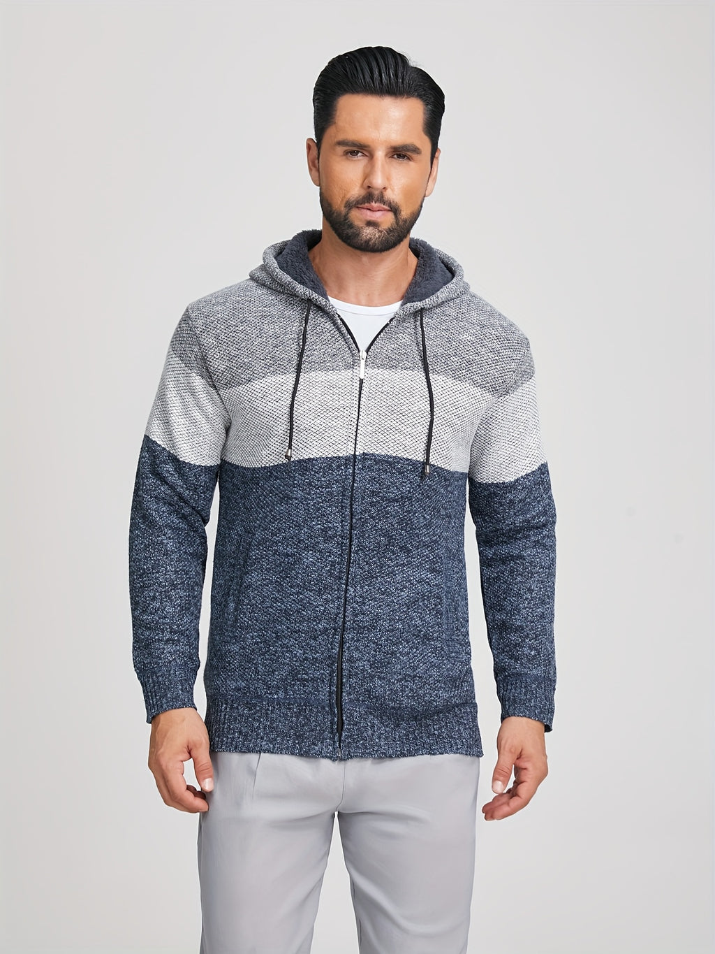 Warm Zip Up Hooded Fleece Jacket Sweater, Men's Casual Slightly Stretch Color Block Cardigan For Fall Winter - Light Blue