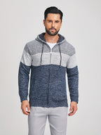 Warm Zip Up Hooded Fleece Jacket Sweater, Men's Casual Slightly Stretch Color Block Cardigan For Fall Winter - Light Blue