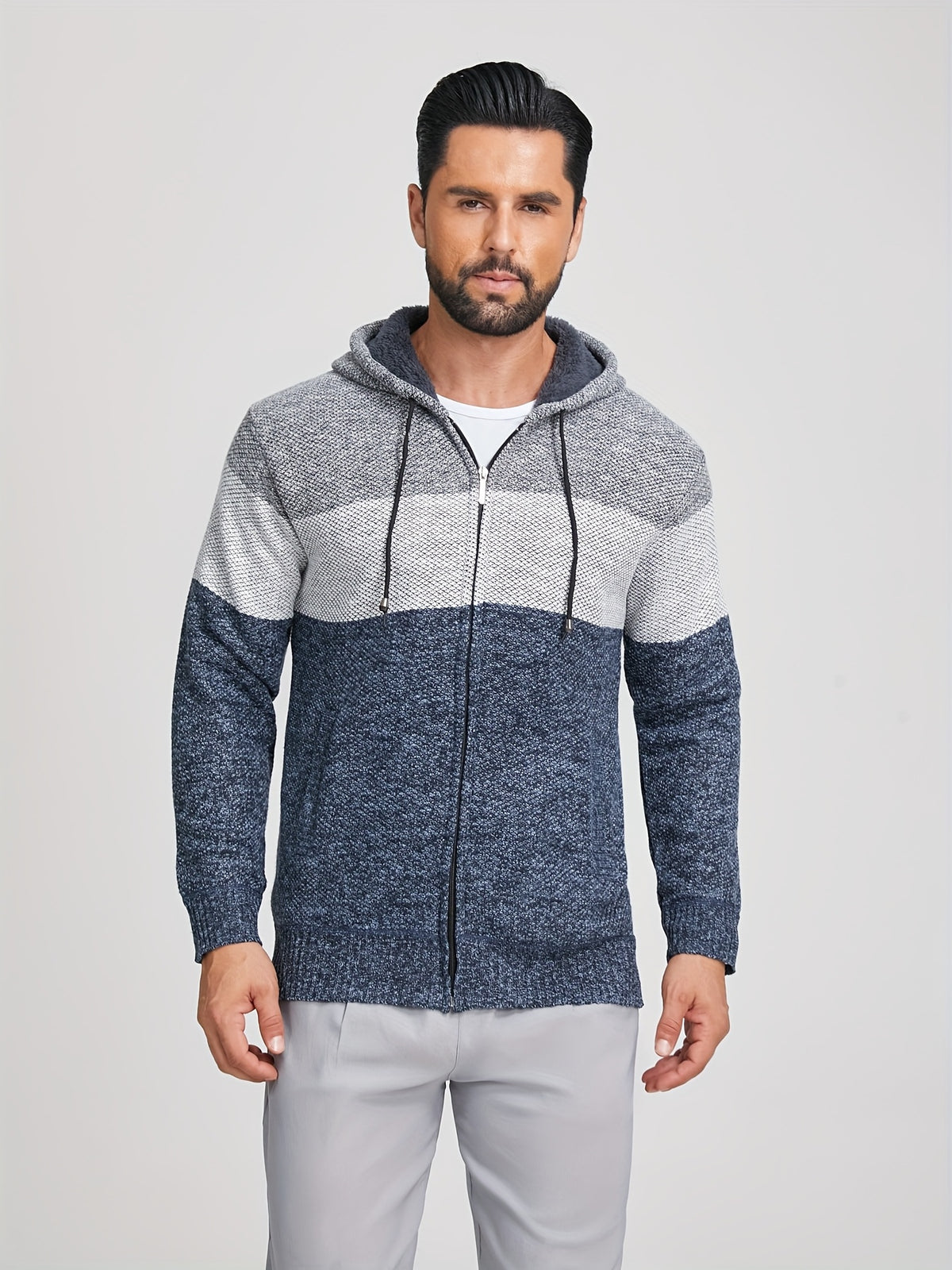 Warm Zip Up Hooded Fleece Jacket Sweater, Men's Casual Slightly Stretch Color Block Cardigan For Fall Winter - Light Blue