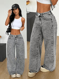 2026SS New Women'S Charcoal Gray Snow Wash High-Waist Wide-Leg Jeans Featuring a Metal Button Closure And Patch Pockets, with a Vintage Look And Structured Shape, Perfect for Everyday Wear, Street Fashion, And Retro-Themed Outings Denim Jeans - Grey