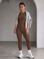Round Neck Short Sleeve High-Waist Butt-Lifting Pants Set, Stretchy Nude-Feel Skin-Friendly 2pcs Set, Quick-Drying Breathable Wear, Tummy Control Peach Butt Training Outfit, Versatile Wearable Outer Casual Swear. 4-Way Stretch with Zero Restriction - Coffee Color