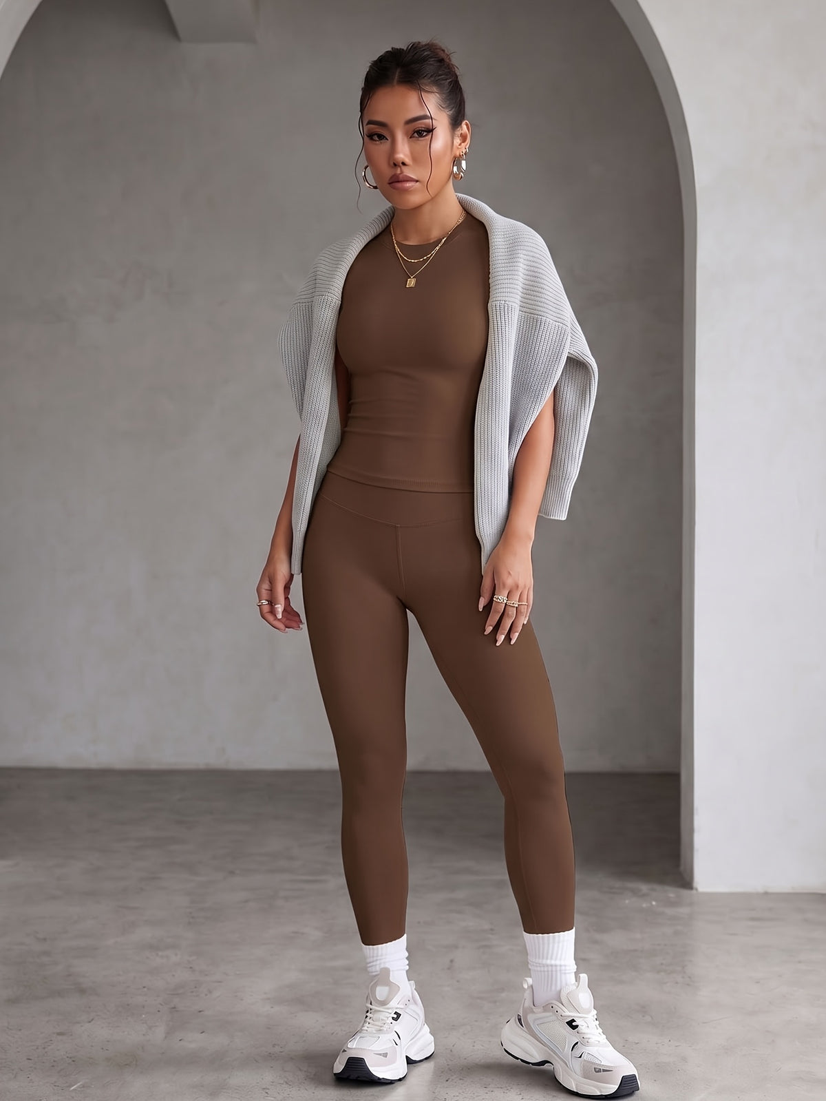 Round Neck Short Sleeve High-Waist Butt-Lifting Pants Set, Stretchy Nude-Feel Skin-Friendly 2pcs Set, Quick-Drying Breathable Wear, Tummy Control Peach Butt Training Outfit, Versatile Wearable Outer Casual Swear. 4-Way Stretch with Zero Restriction - Coffee Color