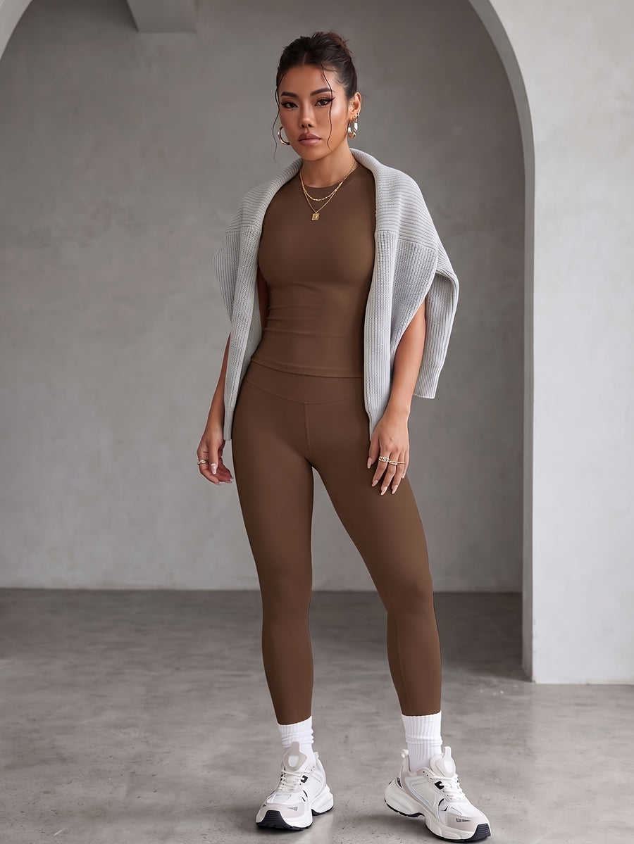 Round Neck Short Sleeve High-Waist Butt-Lifting Pants Set, Stretchy Nude-Feel Skin-Friendly 2pcs Set, Quick-Drying Breathable Wear, Tummy Control Peach Butt Training Outfit, Versatile Wearable Outer Casual Swear. 4-Way Stretch with Zero Restriction - Coffee Color