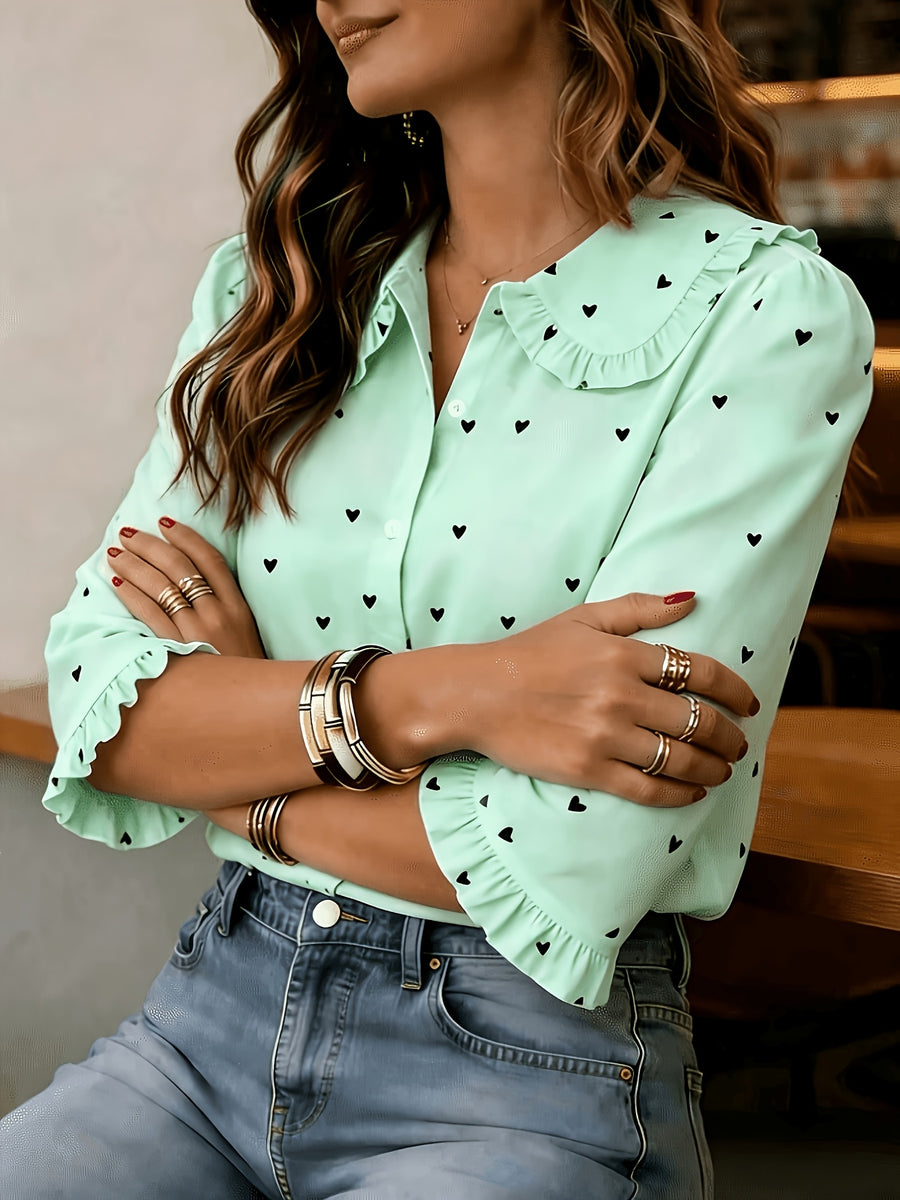 Women'S Heart Print Short Sleeve Blouse with Peter Pan Collar And Ruffled Cuffs - Viridity