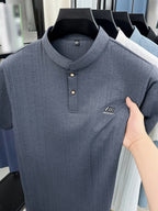 [Slight Stretch | Size up for Loose Fit] New Spring/Summer Men's Henry Shirt, Solid Color Half-Open Placket Single-Breasted Stand Collar Short Sleeve T-Shirt, Men's Business Casual Fashionable Breathable Versatile Polo Shirt, Chest Print Basic Tee - Grey
