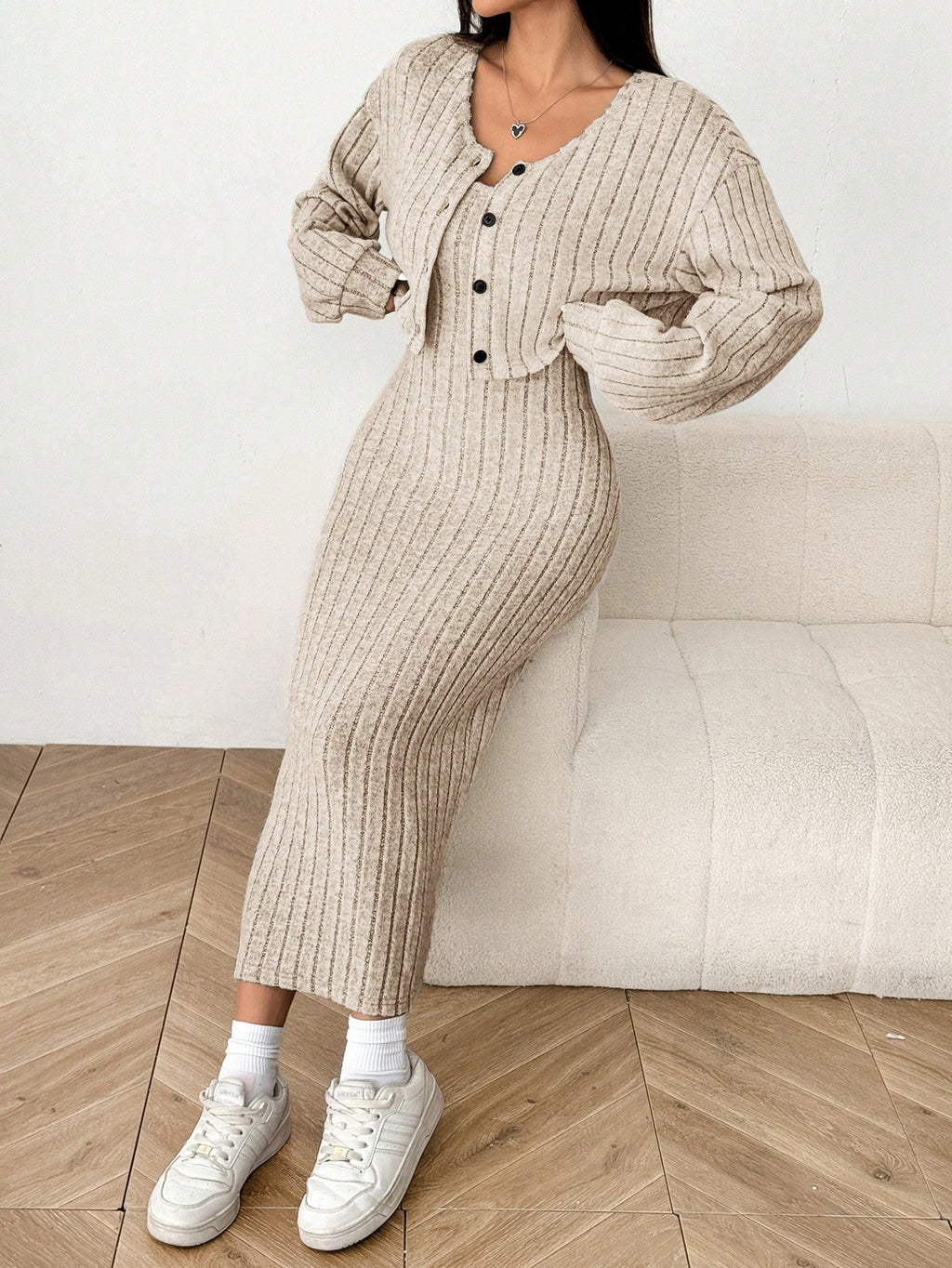 Autumn Cardigan Long Sleeve Short Top And Dress Set - Khaki
