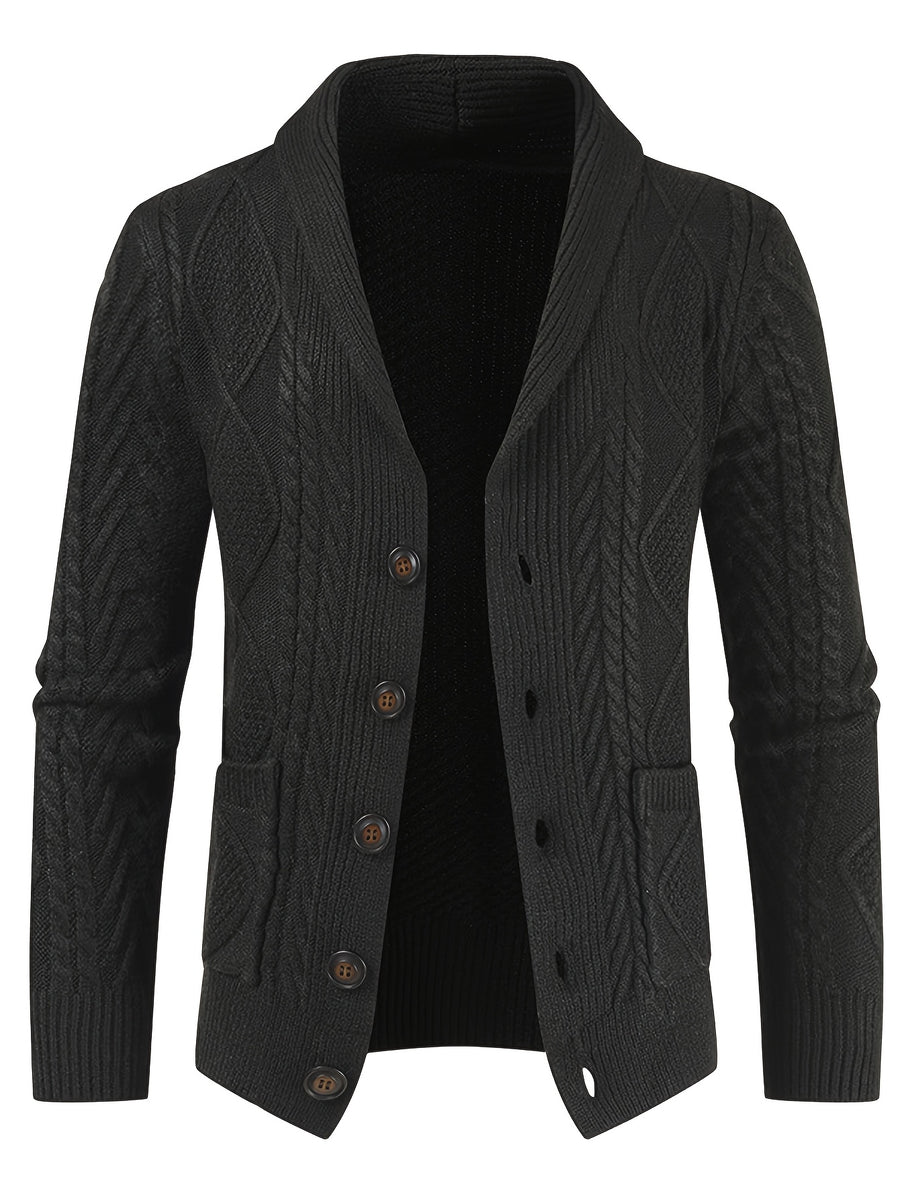 Men'S New Autumn Winter Solid Color Single-Breasted Twisted Flower V-Neck Cardigan, Fashionable, Casual, Versatile, Skin-Friendly, Comfortable, Smooth, Trendy, Slim Fit, Long Sleeved, Warm, Durable, Sporty And Energetic Knitted Jacket - Black