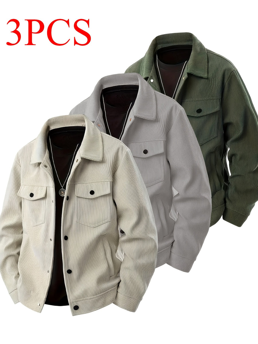 Joshmei OBM Autumn/Winter New Arrival Men's Solid Color Fashion Multi-Pocket Button-Up Cargo Jacket Outerwear 3pcs Set - Khaki+grey+army Green