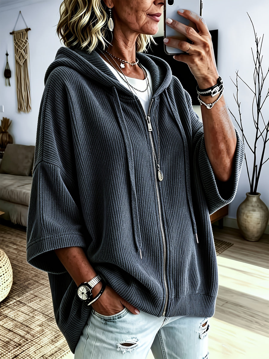 Plus Size, Women's Plus Size Corduroy Casual Drawstring Hooded Sweatshirt Top, Classic Versatile Hooded Top Elegant Women's Jacket, Loose Fit Comfortable Sweatshirt Jacket, Suitable for Commuting and Casual Wear - Space Gray