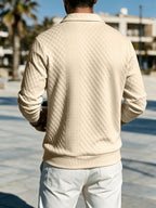 Premium Rhombus Men's Long Sleeve Polo Shirt with Notched Lapel and Small V-Neck Design, a Top for Men's Commuting and Party Wear (Texture Random) - Apricot