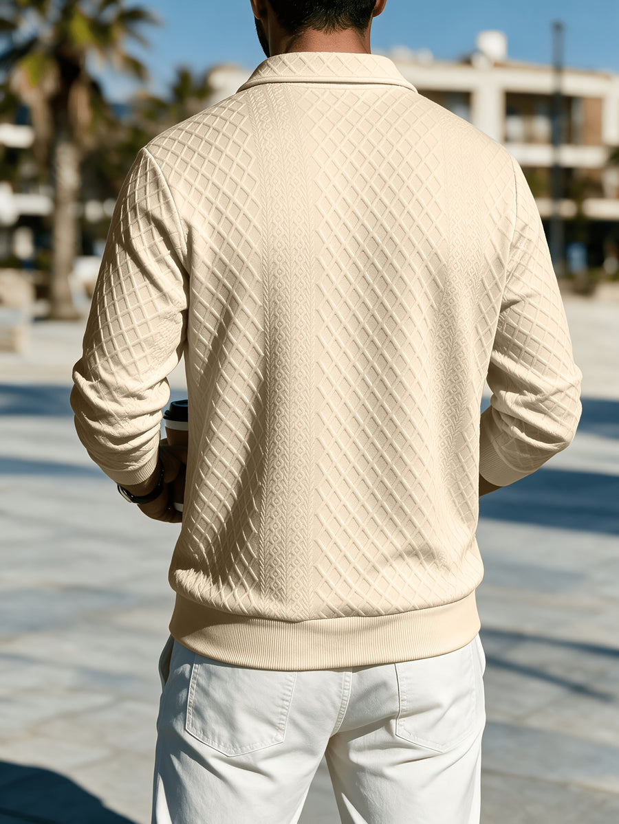Premium Rhombus Men's Long Sleeve Polo Shirt with Notched Lapel and Small V-Neck Design, a Top for Men's Commuting and Party Wear (Texture Random) - Apricot